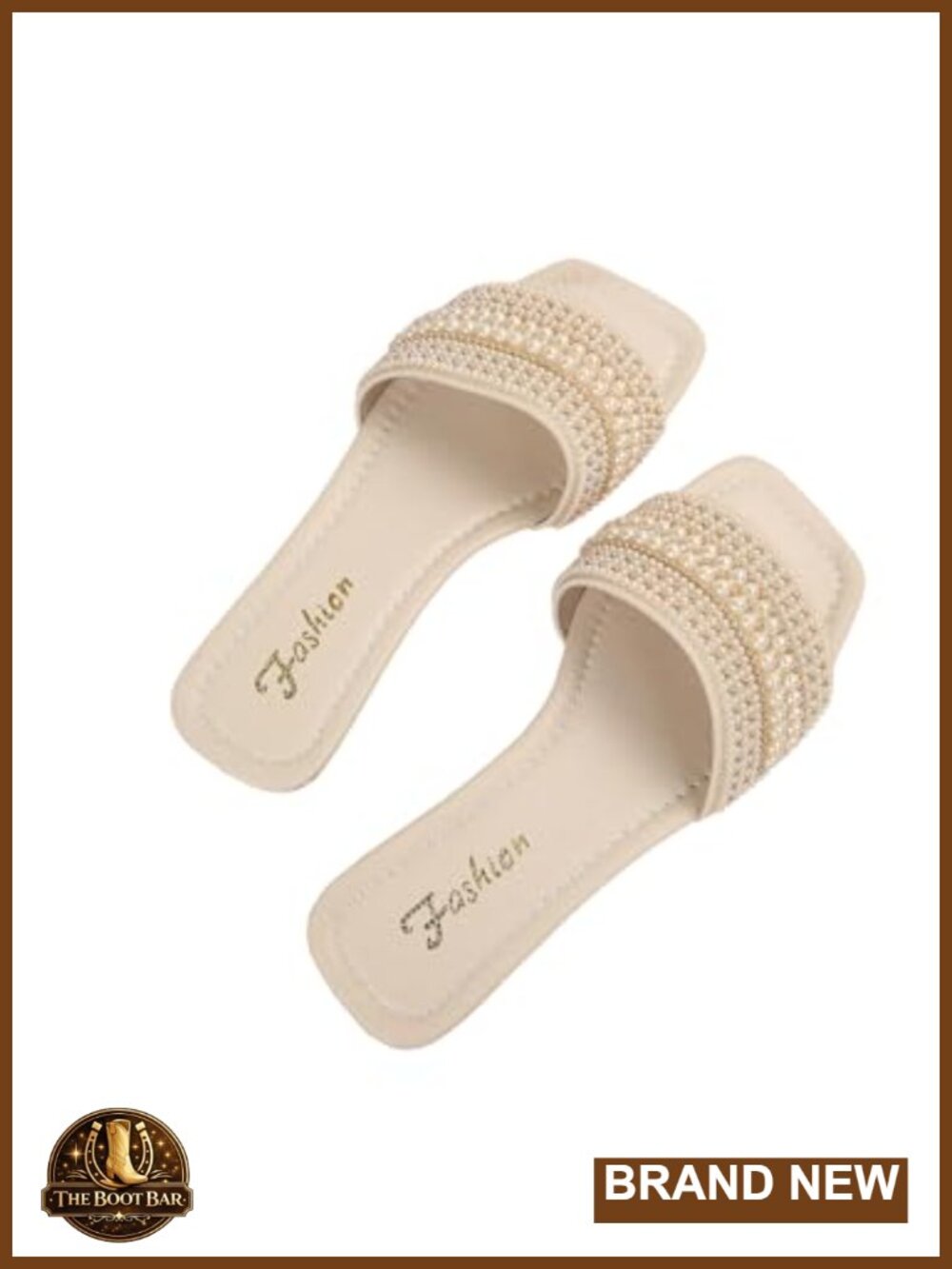 Boho Pearls Flat Sandals Beach Vacation Square Open Toe Slip on Slides